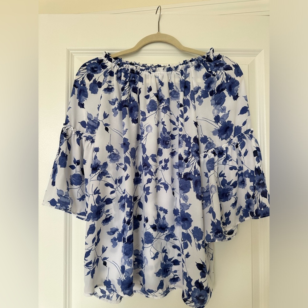 Blue and white ruffled blouse